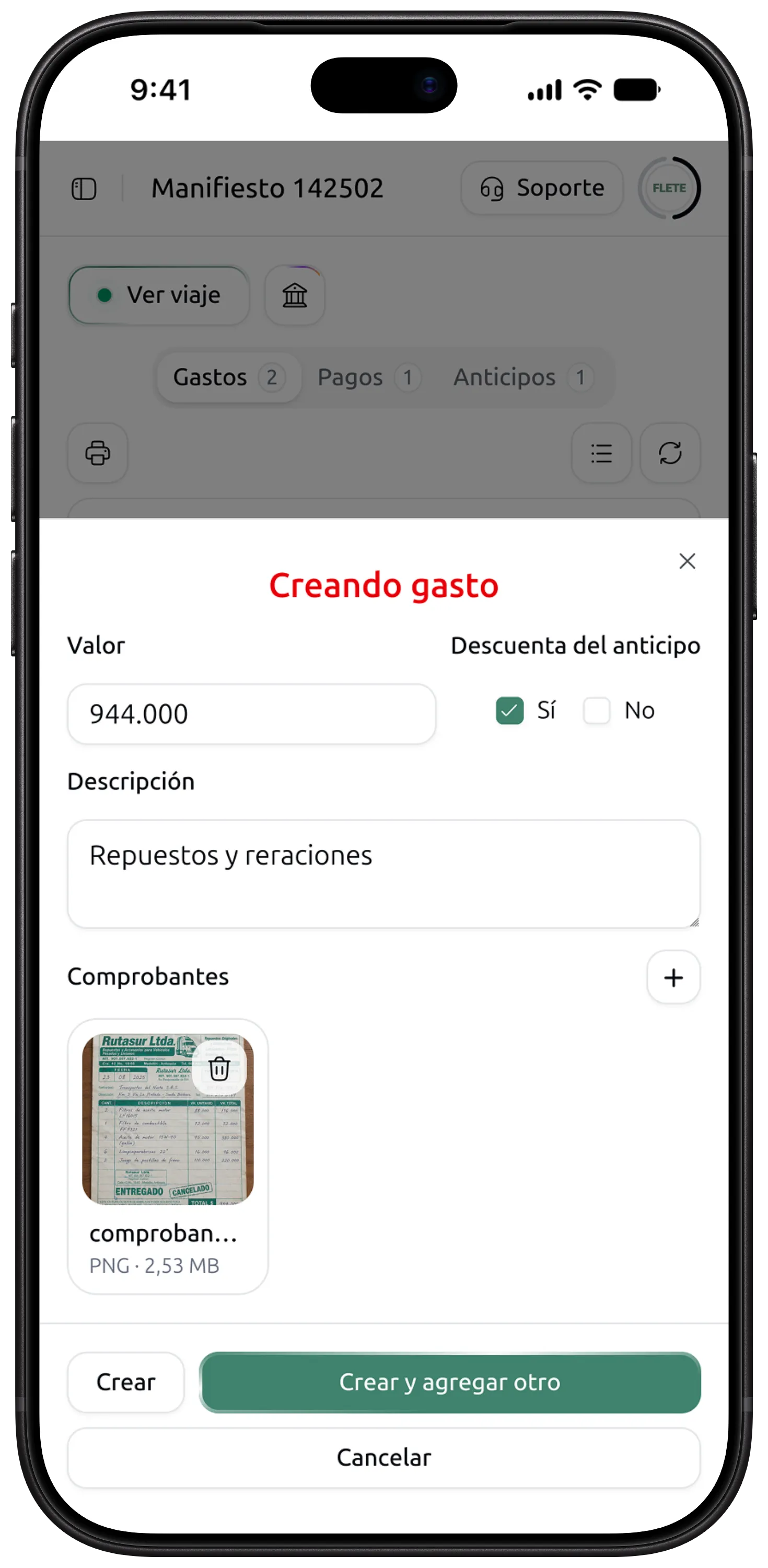 Flete en un celular con el formulario de un gasto nuevo, con el valor y la descripción ya puestos